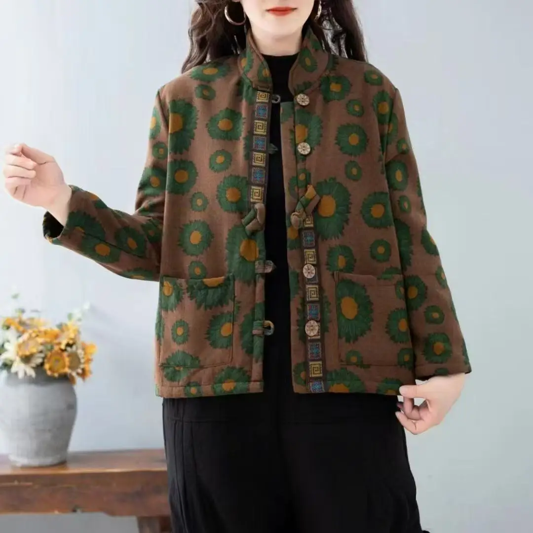 Hot Autumn Winter Arts Style Women Long Sleeve Vintage Short Coat Patchwork Cotton M-5XL Linen Single Breasted Thicken Jackets