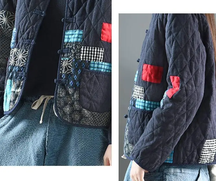 Hot Autumn Winter Arts Style Women Long Sleeve Vintage Short Coat Patchwork Cotton M-5XL Linen Single Breasted Thicken Jackets