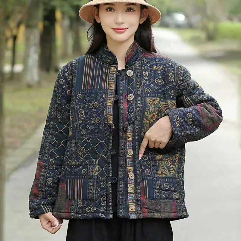 Hot Autumn Winter Arts Style Women Long Sleeve Vintage Short Coat Patchwork Cotton M-5XL Linen Single Breasted Thicken Jackets