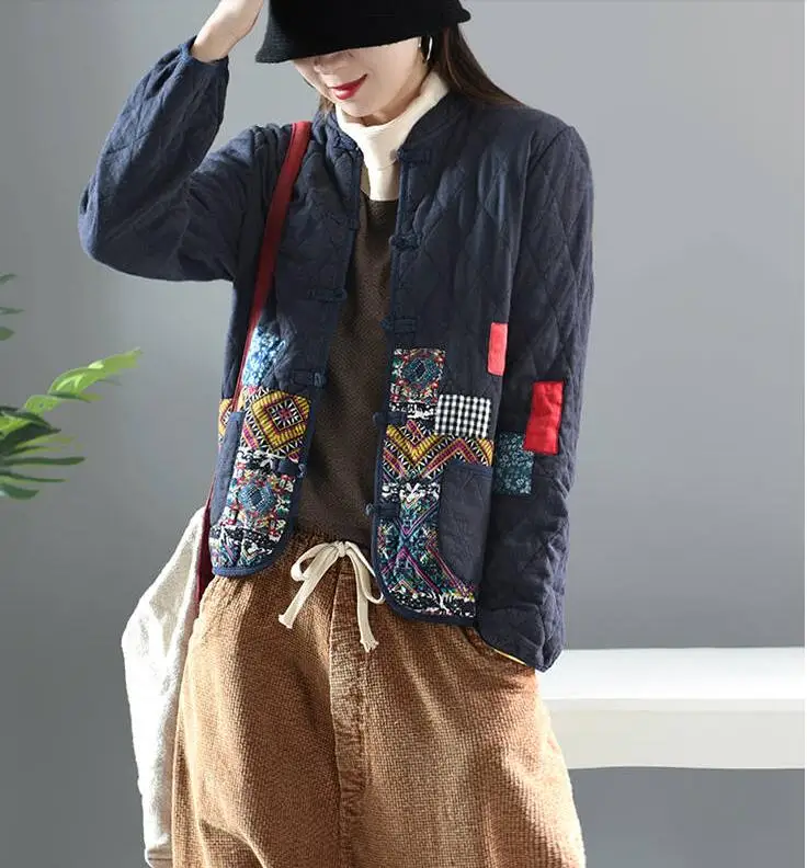Hot Autumn Winter Arts Style Women Long Sleeve Vintage Short Coat Patchwork Cotton M-5XL Linen Single Breasted Thicken Jackets