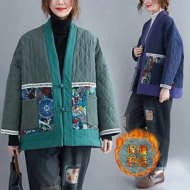 Hot Autumn Winter Arts Style Women Long Sleeve Vintage Short Coat Patchwork Cotton M-5XL Linen Single Breasted Thicken Jackets