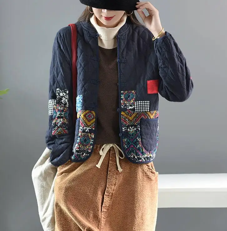 Hot Autumn Winter Arts Style Women Long Sleeve Vintage Short Coat Patchwork Cotton M-5XL Linen Single Breasted Thicken Jackets