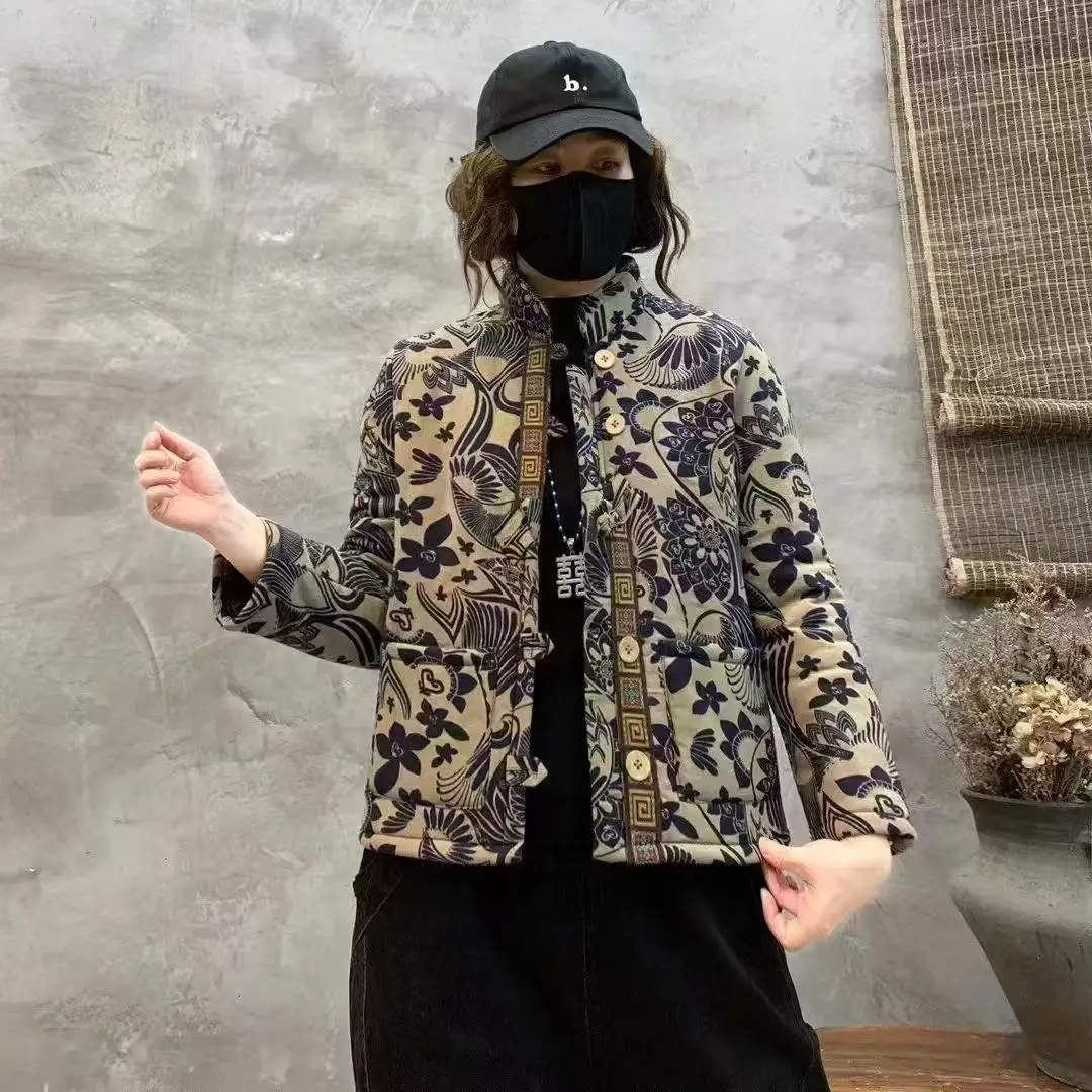 Hot Autumn Winter Arts Style Women Long Sleeve Vintage Short Coat Patchwork Cotton M-5XL Linen Single Breasted Thicken Jackets