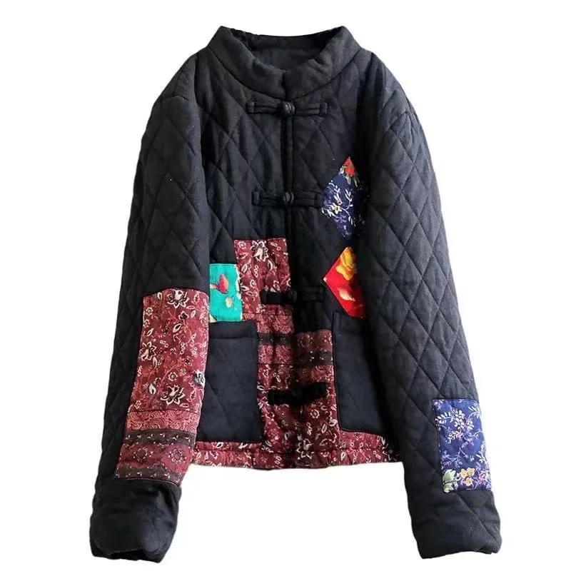 Hot Autumn Winter Arts Style Women Long Sleeve Vintage Short Coat Patchwork Cotton M-5XL Linen Single Breasted Thicken Jackets