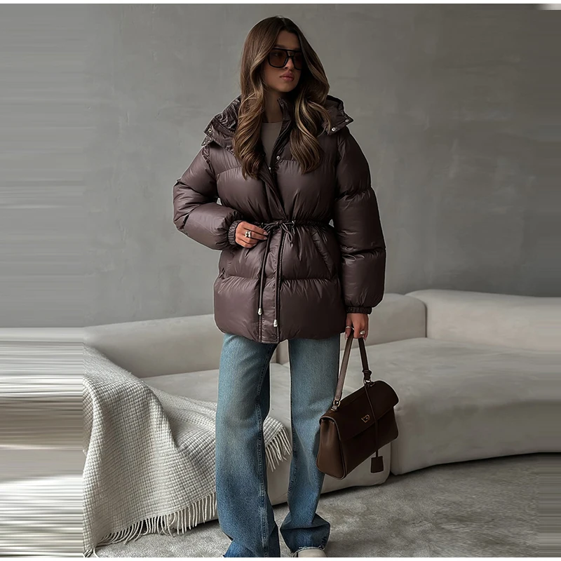 Women Long Puffer Coat Faux Fur Hood Drawstring Waist Zip Up Button Thick Warm Maxi Padded Jacket 2026 Winter Chic Casual Outfit