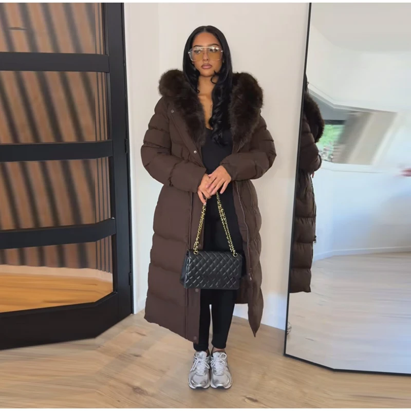 Women Long Puffer Coat Faux Fur Hood Drawstring Waist Zip Up Button Thick Warm Maxi Padded Jacket 2026 Winter Chic Casual Outfit