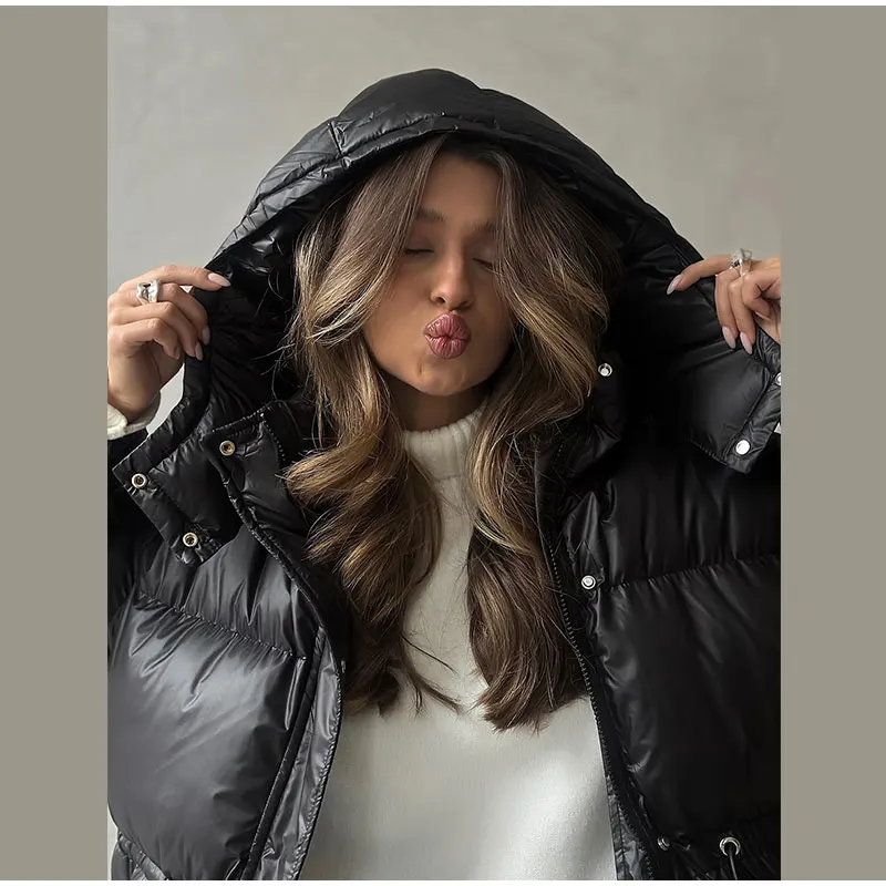 Women Long Puffer Coat Faux Fur Hood Drawstring Waist Zip Up Button Thick Warm Maxi Padded Jacket 2026 Winter Chic Casual Outfit