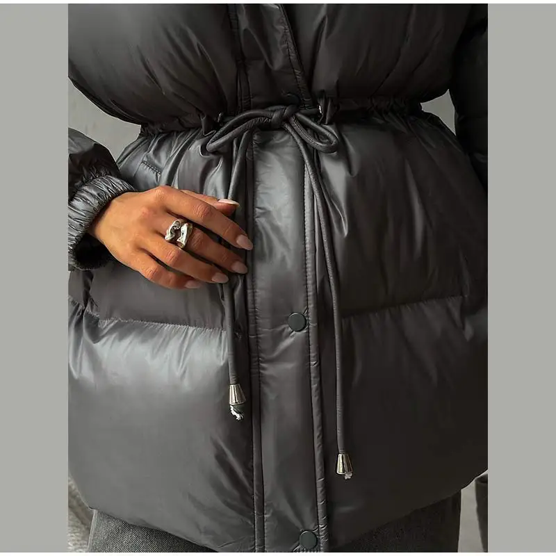 Women Long Puffer Coat Faux Fur Hood Drawstring Waist Zip Up Button Thick Warm Maxi Padded Jacket 2026 Winter Chic Casual Outfit