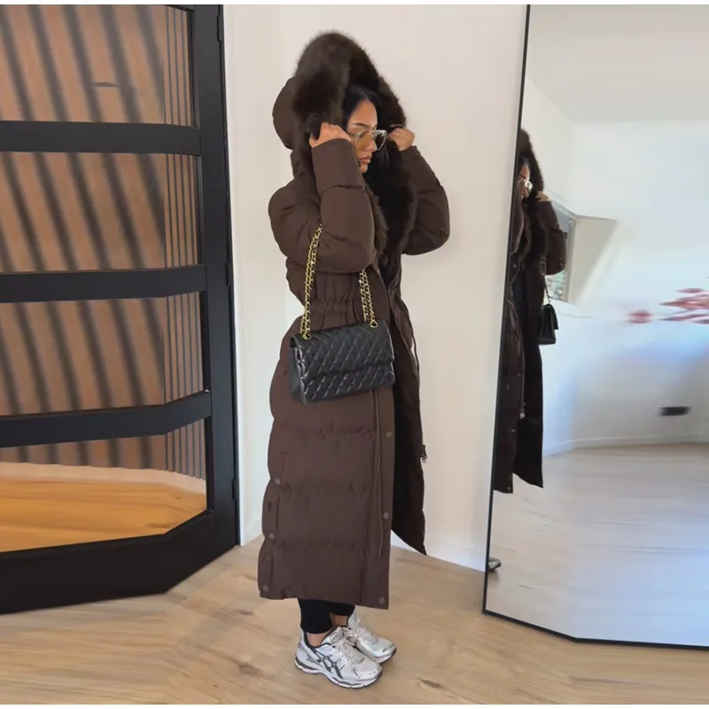 Women Long Puffer Coat Faux Fur Hood Drawstring Waist Zip Up Button Thick Warm Maxi Padded Jacket 2026 Winter Chic Casual Outfit