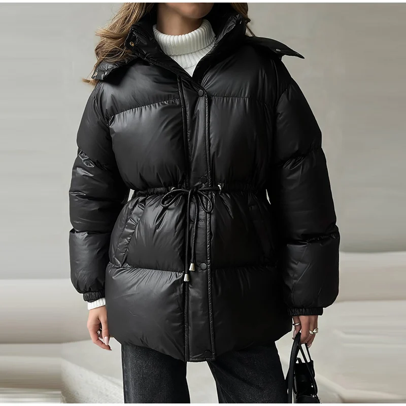 Women Long Puffer Coat Faux Fur Hood Drawstring Waist Zip Up Button Thick Warm Maxi Padded Jacket 2026 Winter Chic Casual Outfit