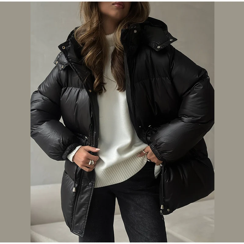 Women Long Puffer Coat Faux Fur Hood Drawstring Waist Zip Up Button Thick Warm Maxi Padded Jacket 2026 Winter Chic Casual Outfit
