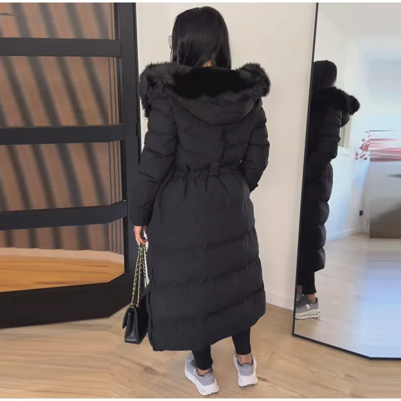 Women Long Puffer Coat Faux Fur Hood Drawstring Waist Zip Up Button Thick Warm Maxi Padded Jacket 2026 Winter Chic Casual Outfit