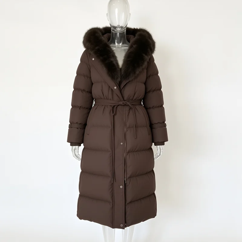 Women Long Puffer Coat Faux Fur Hood Drawstring Waist Zip Up Button Thick Warm Maxi Padded Jacket 2026 Winter Chic Casual Outfit