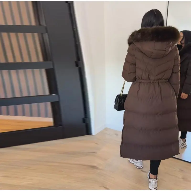 Women Long Puffer Coat Faux Fur Hood Drawstring Waist Zip Up Button Thick Warm Maxi Padded Jacket 2026 Winter Chic Casual Outfit