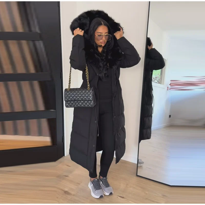 Women Long Puffer Coat Faux Fur Hood Drawstring Waist Zip Up Button Thick Warm Maxi Padded Jacket 2026 Winter Chic Casual Outfit