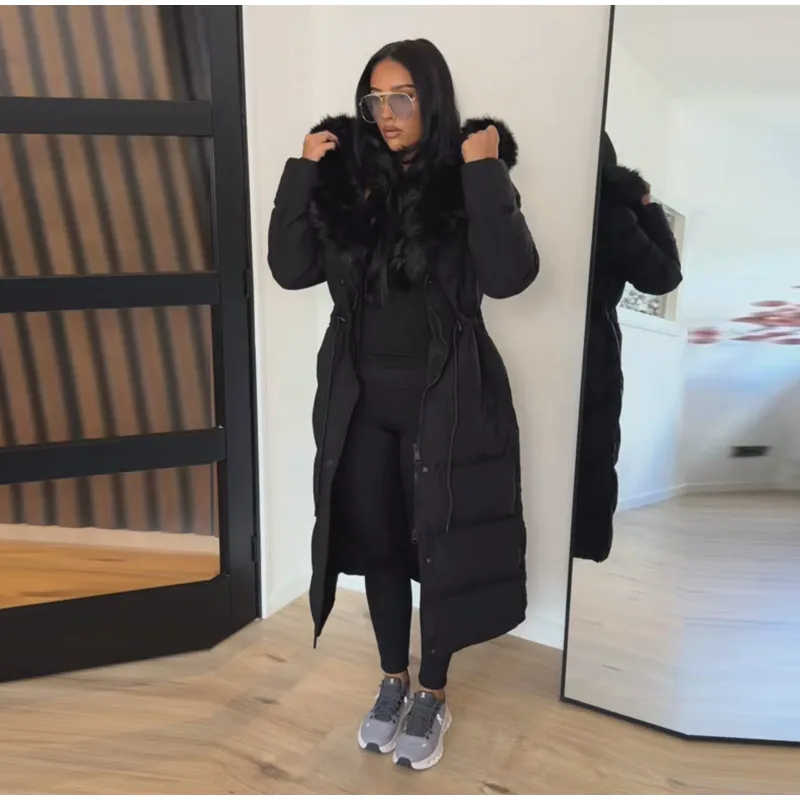 Women Long Puffer Coat Faux Fur Hood Drawstring Waist Zip Up Button Thick Warm Maxi Padded Jacket 2026 Winter Chic Casual Outfit