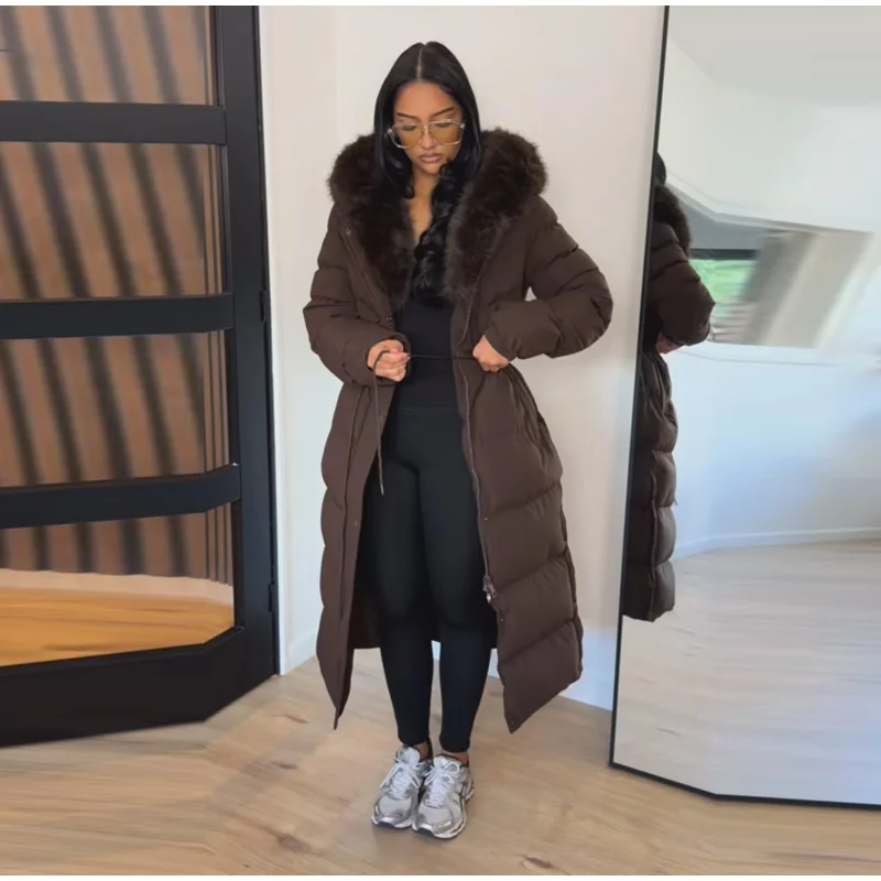 Women Long Puffer Coat Faux Fur Hood Drawstring Waist Zip Up Button Thick Warm Maxi Padded Jacket 2026 Winter Chic Casual Outfit