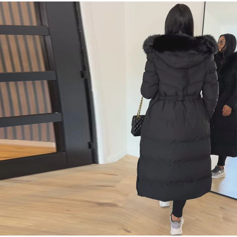 Women Long Puffer Coat Faux Fur Hood Drawstring Waist Zip Up Button Thick Warm Maxi Padded Jacket 2026 Winter Chic Casual Outfit