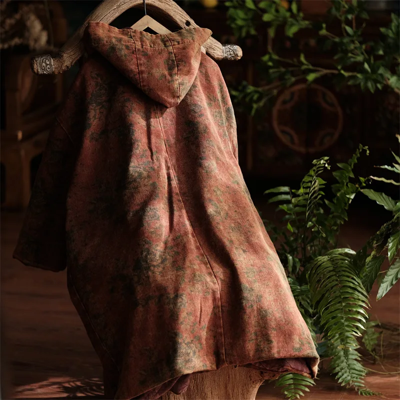 Johnature Women Vintage Hooded Winter Parkas Loose Long Sleeve Bandage Plus Cotton Coats 2025 New Pockets Parkas 9400
