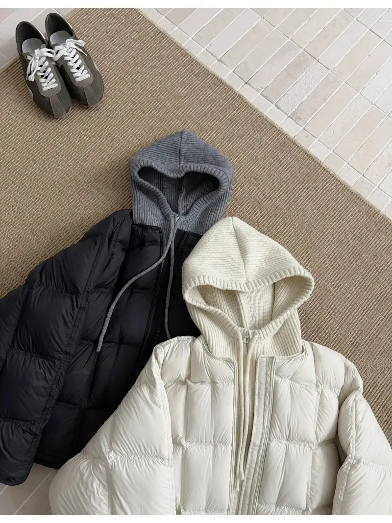 Knitted Hooded Puff Cotton-padded Jacket Women Parkas 2026 New Fake Two Pieces Loose Warm Thicke Cotton Clothes Female Outerwear