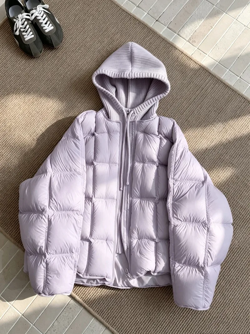 Knitted Hooded Puff Cotton-padded Jacket Women Parkas 2026 New Fake Two Pieces Loose Warm Thicke Cotton Clothes Female Outerwear