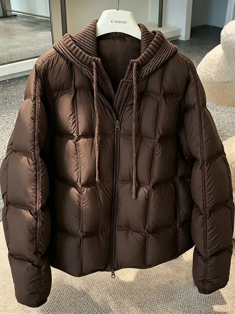Knitted Hooded Puff Cotton-padded Jacket Women Parkas 2026 New Fake Two Pieces Loose Warm Thicke Cotton Clothes Female Outerwear