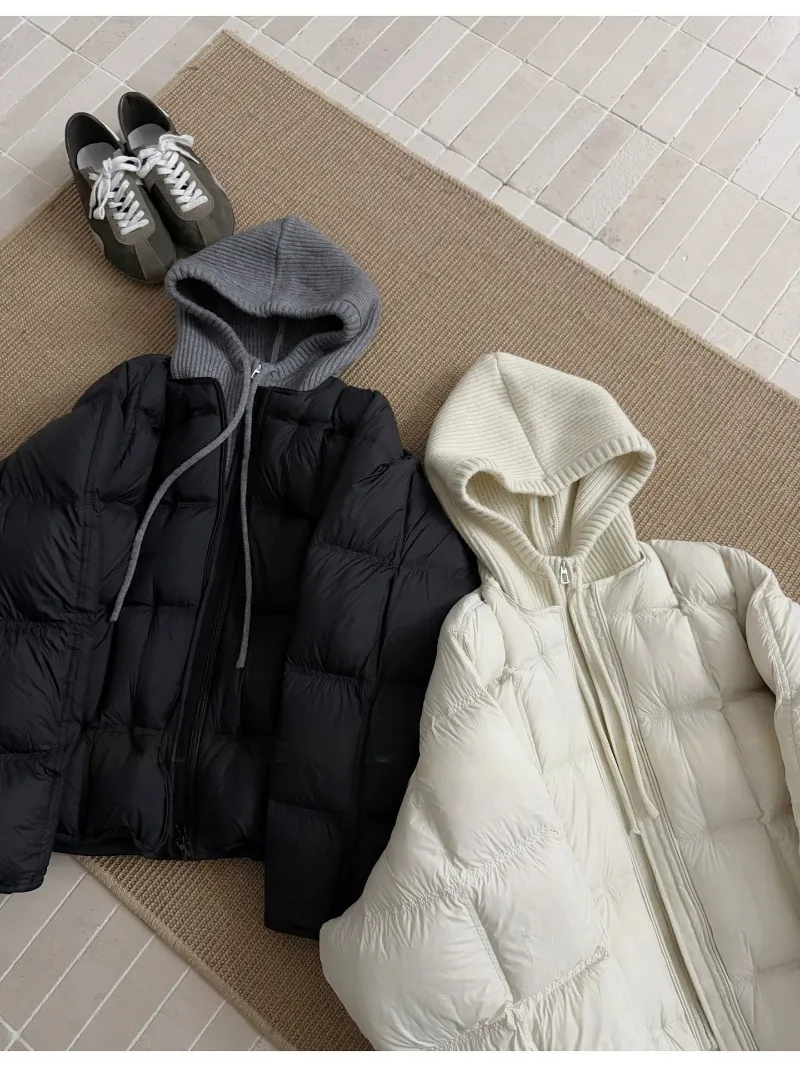 Knitted Hooded Puff Cotton-padded Jacket Women Parkas 2026 New Fake Two Pieces Loose Warm Thicke Cotton Clothes Female Outerwear