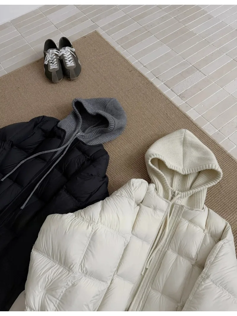 Knitted Hooded Puff Cotton-padded Jacket Women Parkas 2026 New Fake Two Pieces Loose Warm Thicke Cotton Clothes Female Outerwear