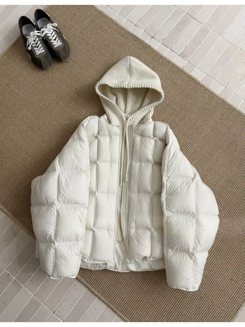 Knitted Hooded Puff Cotton-padded Jacket Women Parkas 2026 New Fake Two Pieces Loose Warm Thicke Cotton Clothes Female Outerwear