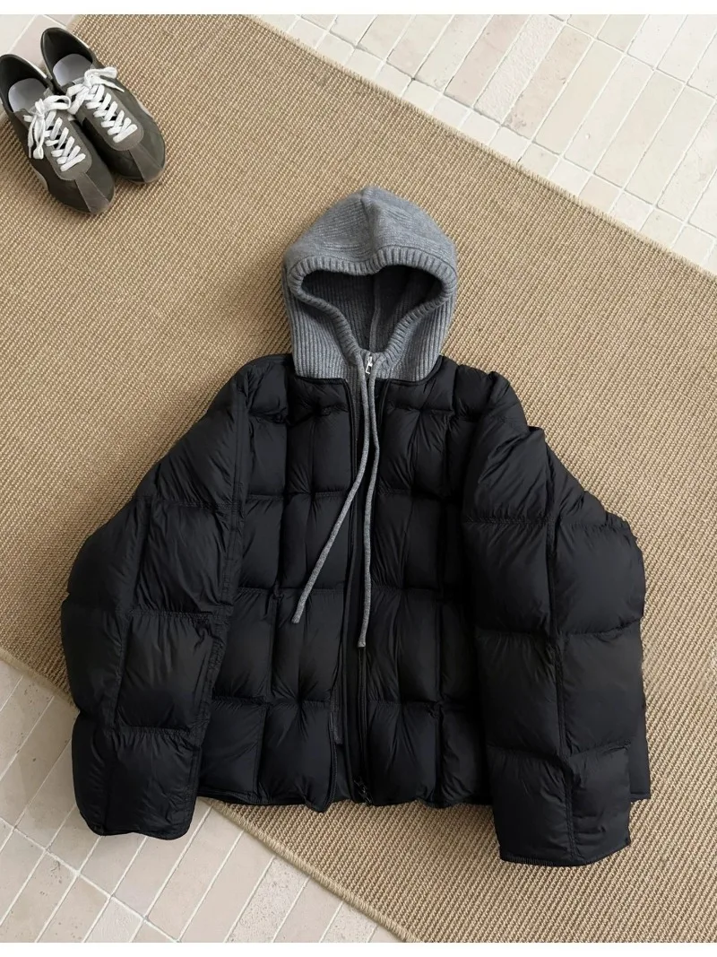 Knitted Hooded Puff Cotton-padded Jacket Women Parkas 2026 New Fake Two Pieces Loose Warm Thicke Cotton Clothes Female Outerwear