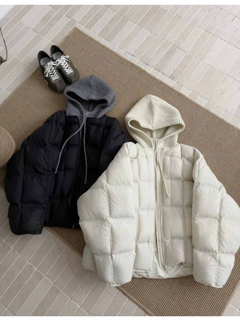 Knitted Hooded Puff Cotton-padded Jacket Women Parkas 2026 New Fake Two Pieces Loose Warm Thicke Cotton Clothes Female Outerwear
