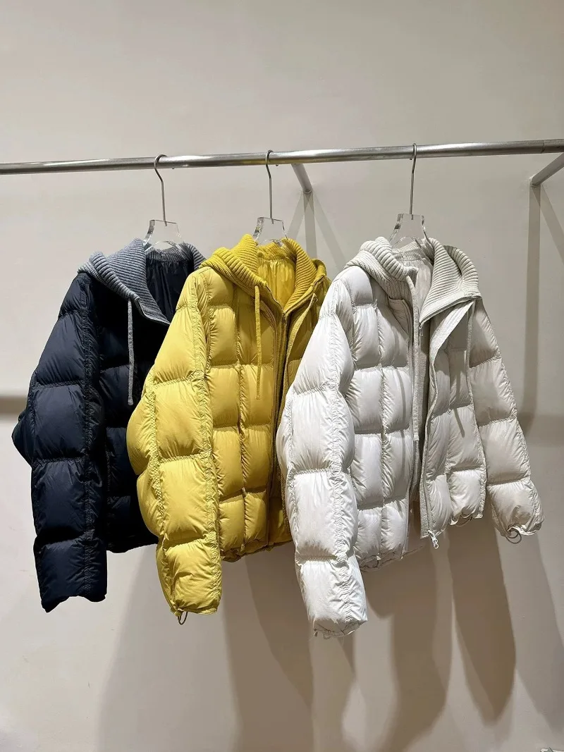 Knitted Hooded Puff Cotton-padded Jacket Women Parkas 2026 New Fake Two Pieces Loose Warm Thicke Cotton Clothes Female Outerwear