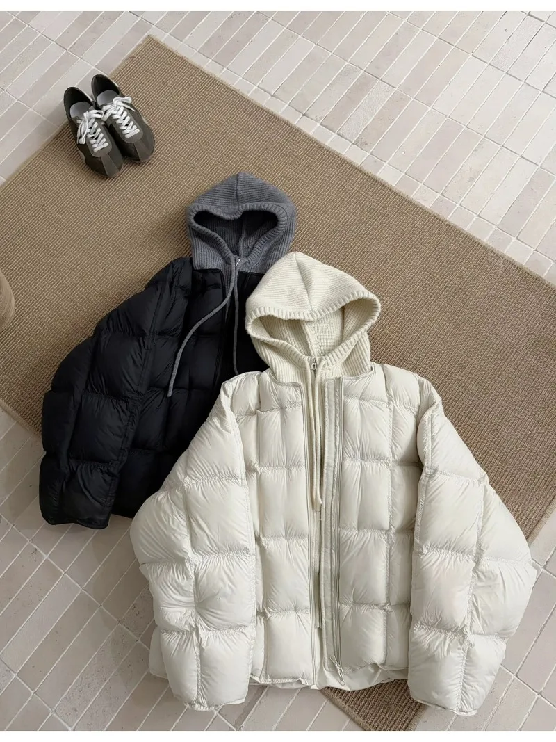Knitted Hooded Puff Cotton-padded Jacket Women Parkas 2026 New Fake Two Pieces Loose Warm Thicke Cotton Clothes Female Outerwear