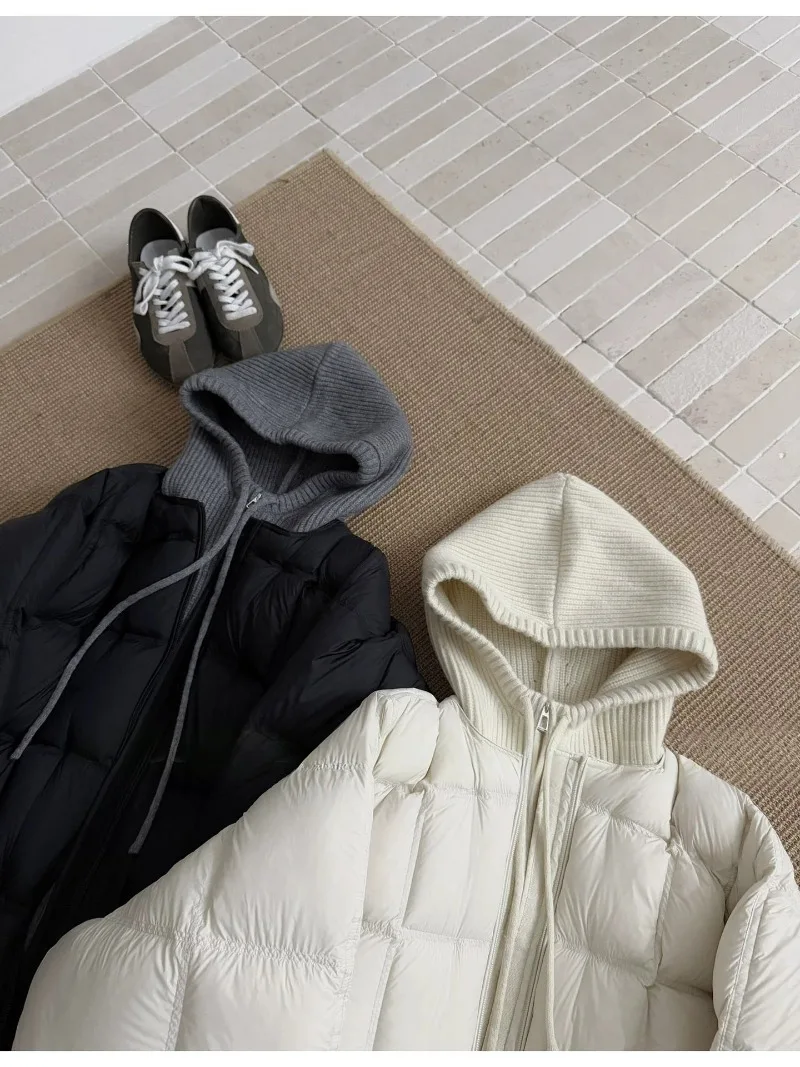 Knitted Hooded Puff Cotton-padded Jacket Women Parkas 2026 New Fake Two Pieces Loose Warm Thicke Cotton Clothes Female Outerwear