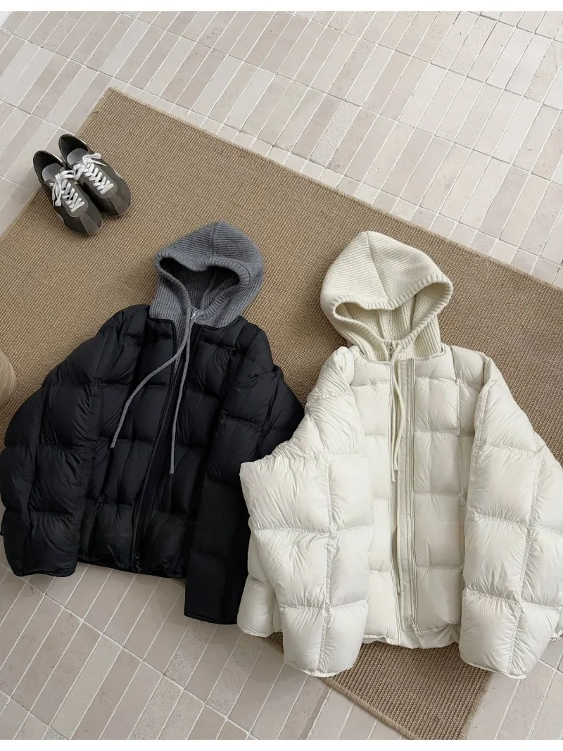 Knitted Hooded Puff Cotton-padded Jacket Women Parkas 2026 New Fake Two Pieces Loose Warm Thicke Cotton Clothes Female Outerwear