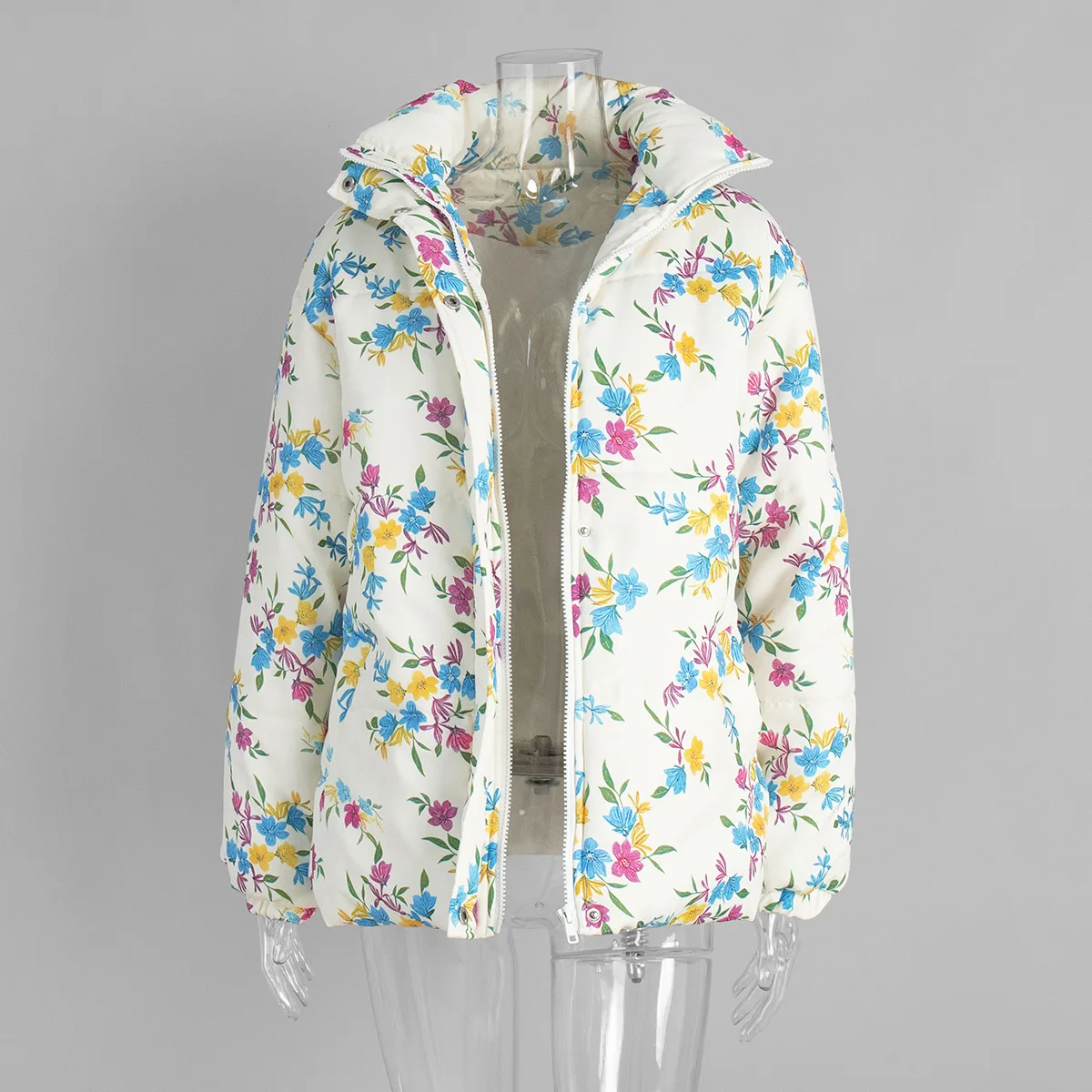 Yaminiya Fashion Thicken Women Puffer Jacket Oversize Stand Up Collar Zipper Floral Print Warm Cotton Filled Coat Autumn Winter