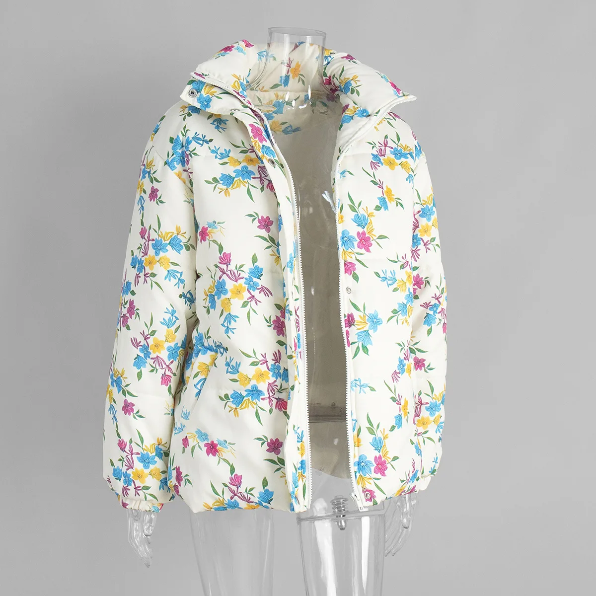 Yaminiya Fashion Thicken Women Puffer Jacket Oversize Stand Up Collar Zipper Floral Print Warm Cotton Filled Coat Autumn Winter