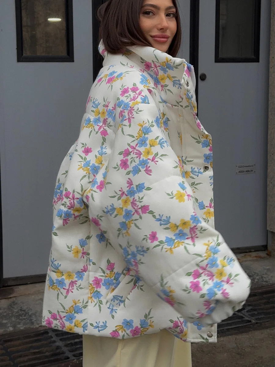 Yaminiya Fashion Thicken Women Puffer Jacket Oversize Stand Up Collar Zipper Floral Print Warm Cotton Filled Coat Autumn Winter
