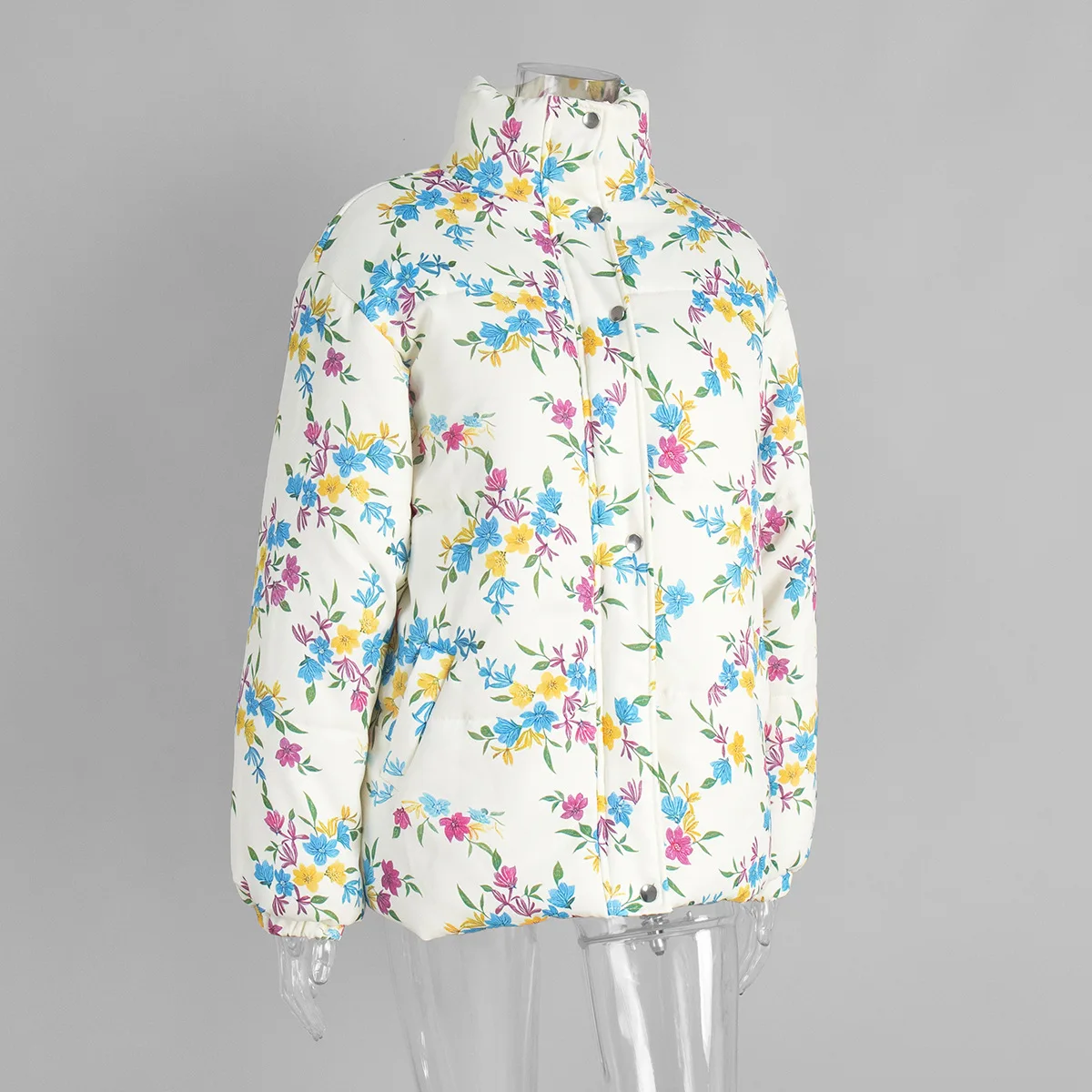 Yaminiya Fashion Thicken Women Puffer Jacket Oversize Stand Up Collar Zipper Floral Print Warm Cotton Filled Coat Autumn Winter