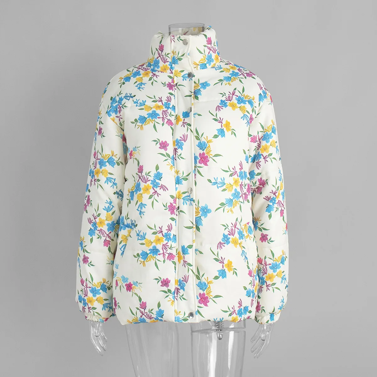 Yaminiya Fashion Thicken Women Puffer Jacket Oversize Stand Up Collar Zipper Floral Print Warm Cotton Filled Coat Autumn Winter