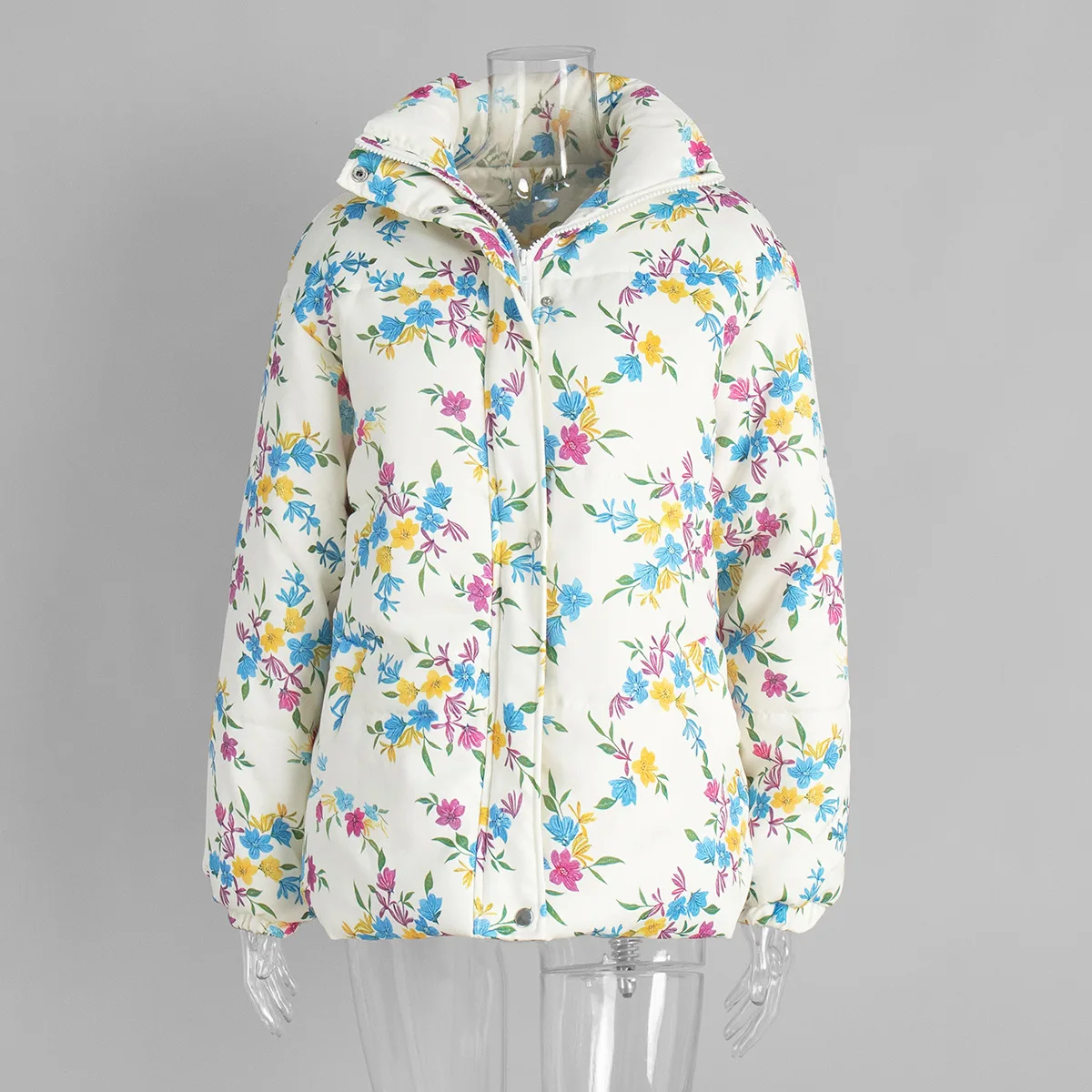 Yaminiya Fashion Thicken Women Puffer Jacket Oversize Stand Up Collar Zipper Floral Print Warm Cotton Filled Coat Autumn Winter