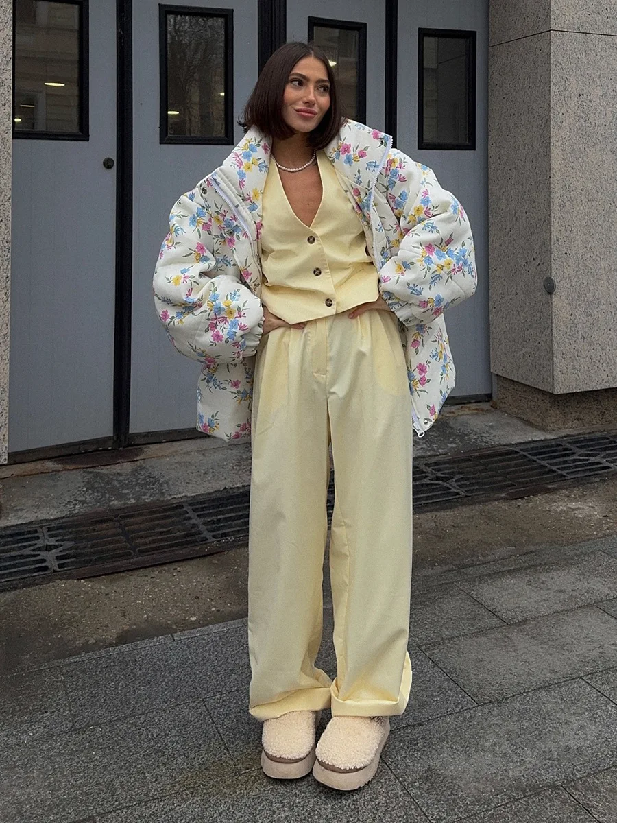 Yaminiya Fashion Thicken Women Puffer Jacket Oversize Stand Up Collar Zipper Floral Print Warm Cotton Filled Coat Autumn Winter