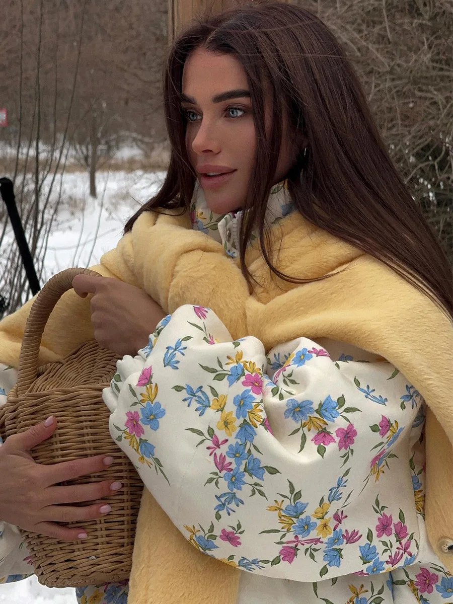 Yaminiya Fashion Thicken Women Puffer Jacket Oversize Stand Up Collar Zipper Floral Print Warm Cotton Filled Coat Autumn Winter