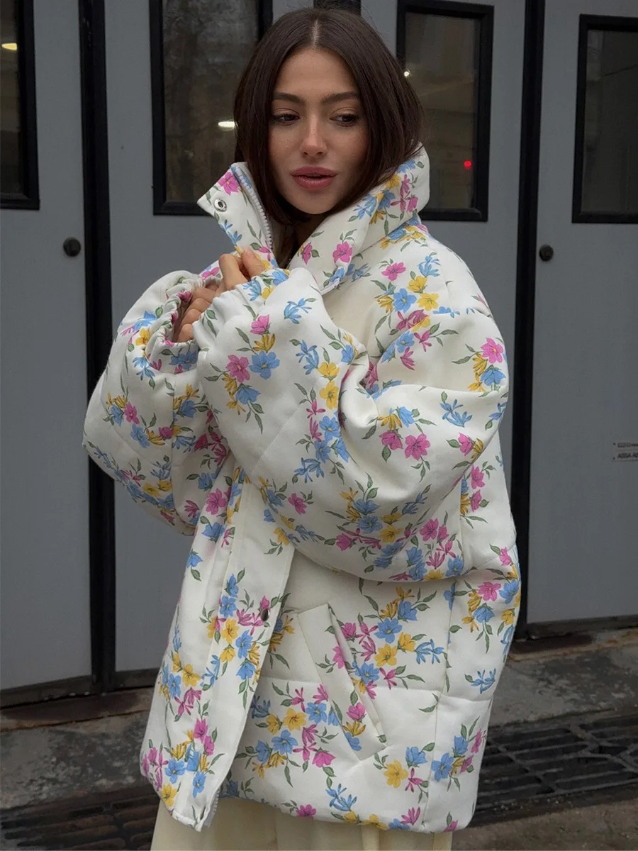 Yaminiya Fashion Thicken Women Puffer Jacket Oversize Stand Up Collar Zipper Floral Print Warm Cotton Filled Coat Autumn Winter
