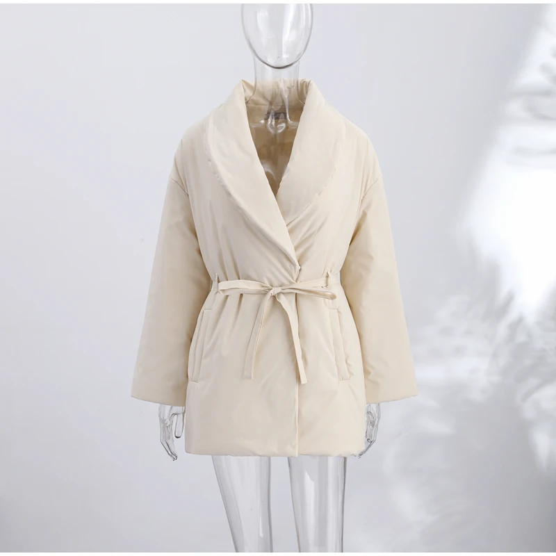 Women Kimono Style Padded Coat Lapel Collar Waist Belt Loose Mid‑Length Warm Cotton Jacket Casual Ladies 2026 Winter Outerwear