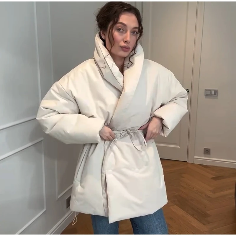Women Kimono Style Padded Coat Lapel Collar Waist Belt Loose Mid‑Length Warm Cotton Jacket Casual Ladies 2026 Winter Outerwear