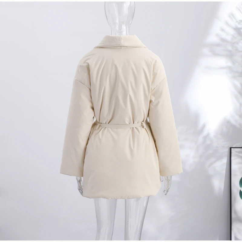 Women Kimono Style Padded Coat Lapel Collar Waist Belt Loose Mid‑Length Warm Cotton Jacket Casual Ladies 2026 Winter Outerwear