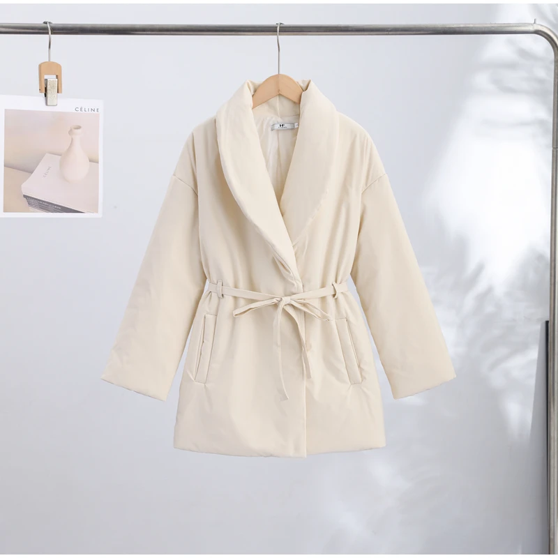 Women Kimono Style Padded Coat Lapel Collar Waist Belt Loose Mid‑Length Warm Cotton Jacket Casual Ladies 2026 Winter Outerwear