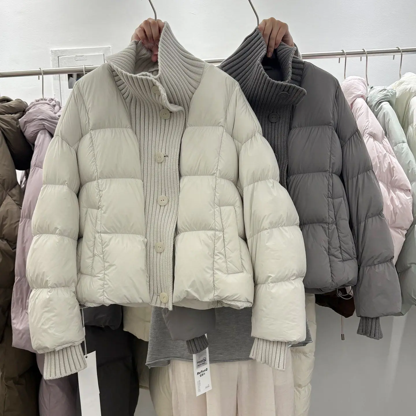 Winter Knitted Splicing Cotton Jacket For Women Korean Fashion Single Breasted Thicken Coat Casual Simple Female Warm Overcoat