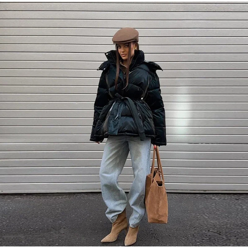 Reflective Fabric Hooded Cotton Jacket Woman Lace up Solid Color Loose Zipper Casual Coats Street Chic Women's New Warm Jackets